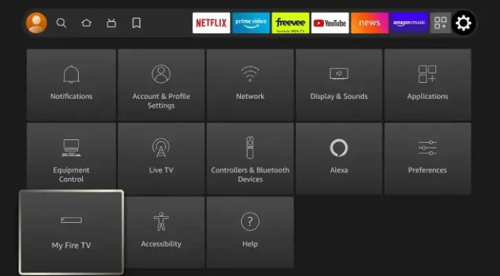 Håll muspekaren över Inställningar-ikonen och klicka på Min Fire TV för att konfigurera Firestick