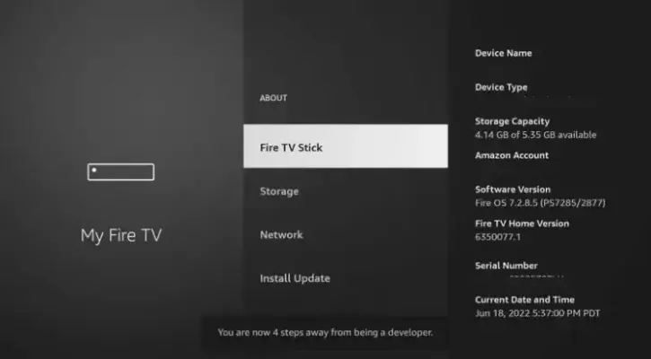 Håll muspekaren över Fire TV Stick och tryck på OK-knappen 7 gånger för att aktivera utvecklarläge