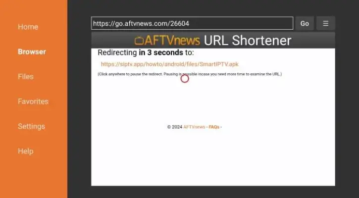 Omdirigeringssidan visas nu under processen att Installera Smart IPTV