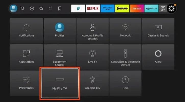 Gå tillbaka till startskärmen och välj Min Fire TV för att fortsätta installationen på Firestick